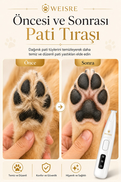 Weisre Şarjlı Pet Tıraş Makinesi Kedi Köpek Patı Yüz Bölgesel Tüy Kesme IPX7 Su Geçirmez