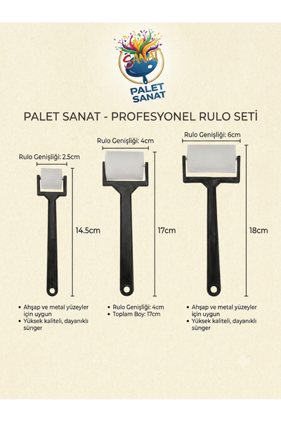 Palet Sanat Sünger Rulo Fırça Siyah Plastik Sap 3lü Fırça Set