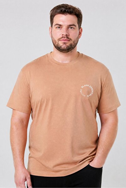 BLANK ESSENTIALS Men Crew Neck Short Sleeve Brand Logo T-Shirt, Tan