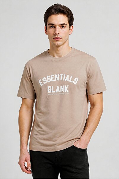 BLANK ESSENTIALS Men Crew Neck Short Sleeve Brand Logo T-Shirt, Taupe