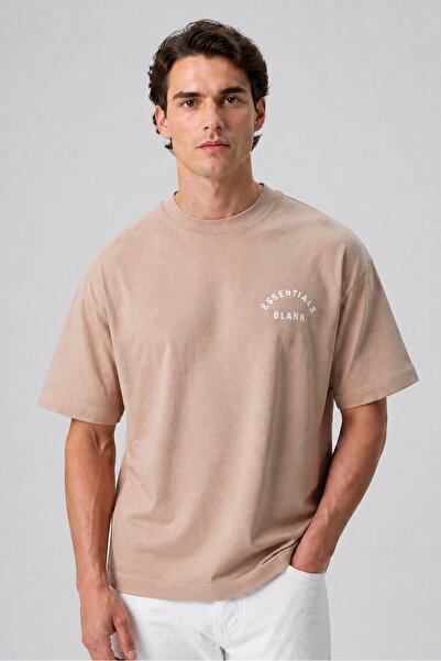 BLANK ESSENTIALS Men Crew Neck Short Sleeve Brand Logo T-Shirt, Taupe