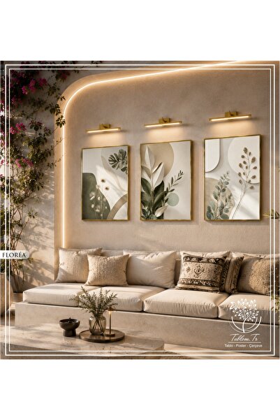 Tablomtr Florea - Dijital Baskılı Gold Metal Çerçeveli Gerçek Camlı 3'lü Deko...