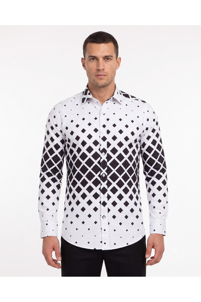 MAKROM Men's White Black Geometric Patterned Digital Printed Long Sleeve Lycr...