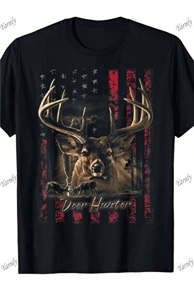 LİNA06 Men's American Hunter Pattern Retro-Shirt - Hunting Design With Deer S...