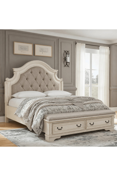 Ashley Furniture سرير ريلين كوين المبطن مع مساحة تخزين