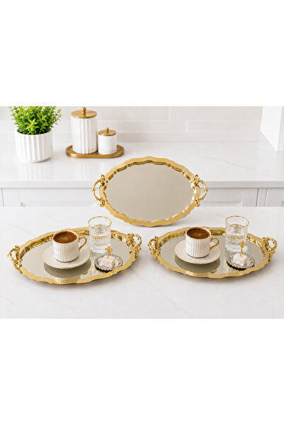 SUNVERA ÇELİK Gold Kulplu Aynalı Gold Sunum Tepsisi 2'li Set 20x26 cm – Pasla...