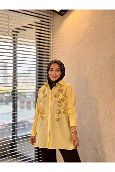 Nefise 260195 Sequin Embroidered Elegant Shirt Yellow
