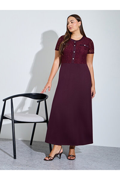 Styli Plus Size Burgundy Lace Details A-Line Maxi Dress