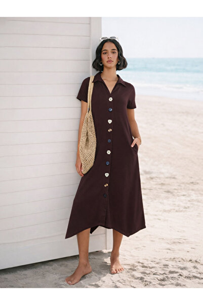 Sassafras By Styli Coffee Brown Textured Button Down Midi Dress