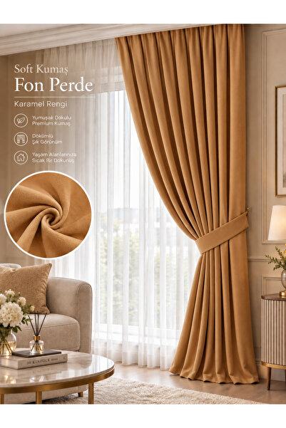 suzaneli Soft Kumaş Camel Rengi Fon Perde – 1/3 Sık Pile Dökümlü
