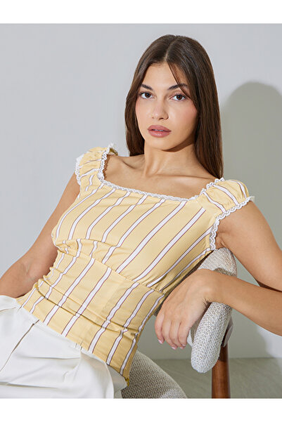 Styli Yellow Striped Square Neck Tank Top