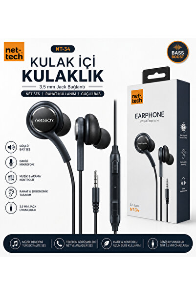 Nettech NT-34 3.5 mm Jack Kulak İçi Kablolu Kulaklık Dahili Mikrofonlu Müzik ...