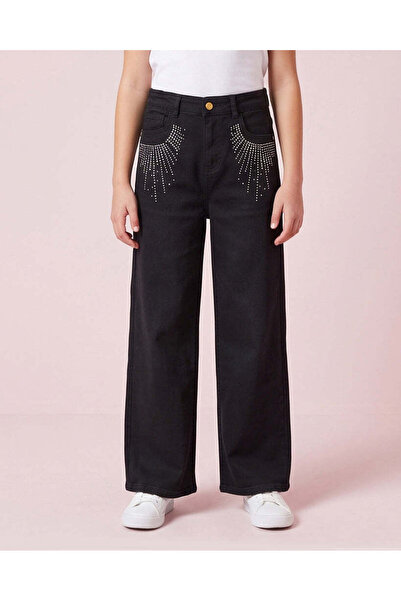 REDTAG Senior Girls Black Studded Wide Leg Jeans