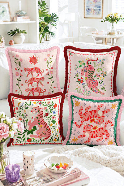 Realhomes Pink Tiger and Floral Motif Patchwork 4-Piece Fringed Throw Pillow ...