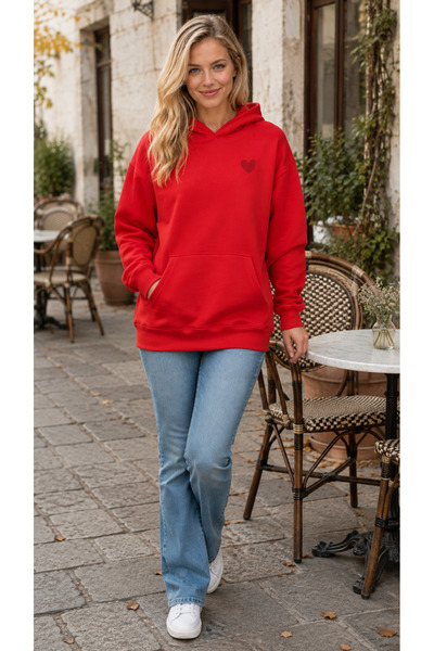 caddekombin Women's Small Red Heart Printed Hooded Sweatshirt with Kangaroo P...