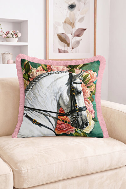 Realhomes White Horse and Flower Bouquet Patterned Fringed Throw Pillow Cover...