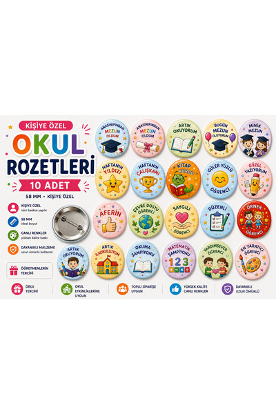 Sultan magnet hediyelik Kişiye Özel Okul Rozetleri 58 mm 10 Adet Öğrenci Başa...