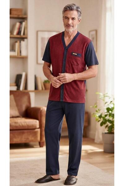 KLY PİJAMA Kly 9027 Claret Red 100% Cotton Buttoned V-Neck Half Sleeve Pajama...