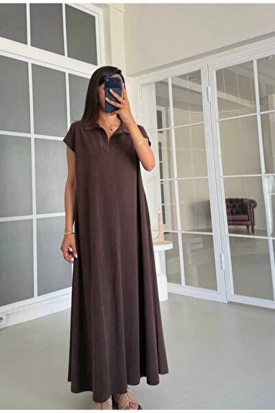 MAESTRO WOMAN Kadın Kahverengi Polo Yaka Modal Uzun Cepli Elbise