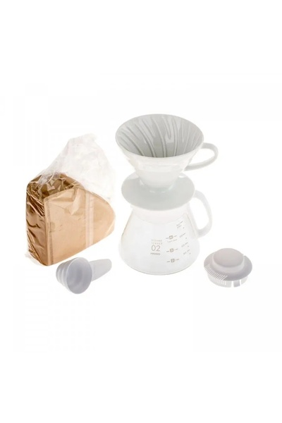 Hario Cafetieră V60 Albă, kit de preparare cafea cu filtre server, set de por...