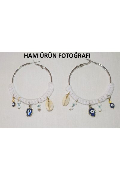 Librapera Concept White Braided Detailed Steel Hoop Earrings with Evil Eye Beads and Sea Shells, Handmade