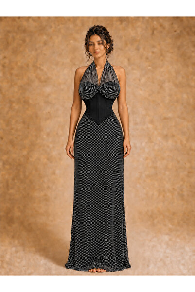 berlanty Luxury Black Corset Evening Dress with Rhinestones