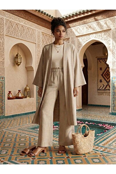 BELUNA TEKSTİL Cotton Linen Fabric Lower and Upper Kimono Set
