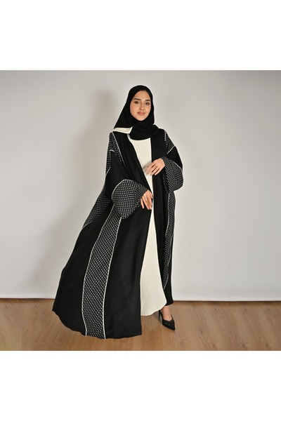 HAWRAA ABAYA عباية لف سوداء بتصميم اكمام واسعه بتداخل الشيفون المنقط