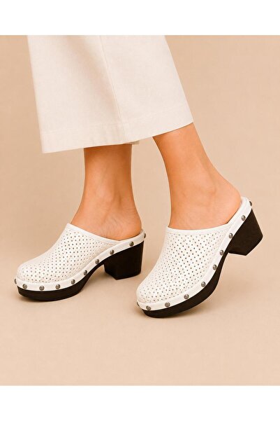 KS KADİR SARAÇ Women's White Genuine Leather Trocked Sabo Slippers with Woode...