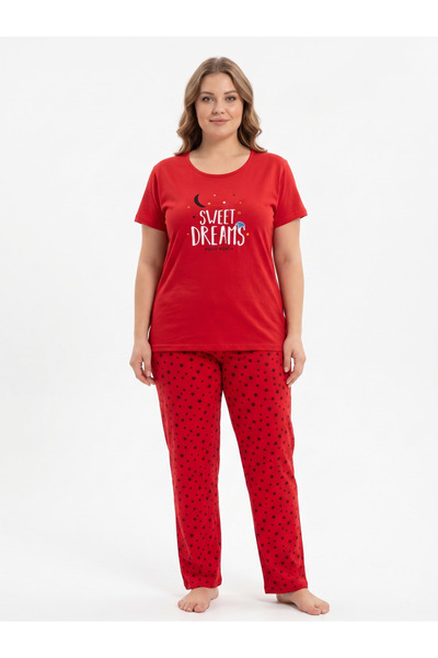 FAMES PİJAMA Plus Size Summer Short Sleeve Sweet Dreams Women's Pajama Set