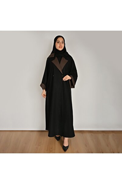 HAWRAA ABAYA عبايةسوداء عملية بقصة رسمية مع تداخل اللون البني