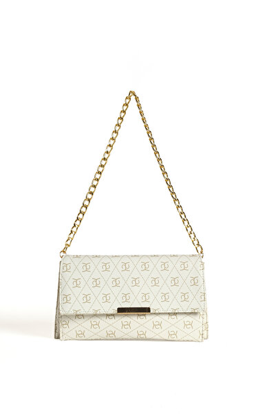 Zeyne Women's White Chain Strap Shoulder Bag and Wrist Strap Portfolio Handba...