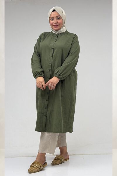 Eslina 68070 Plus Size High-Neck Buttoned Muslin Tunic - Khaki