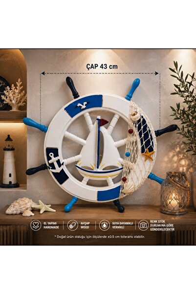 WoodBay El Yapımı Ahşap Gemi Dümeni Duvar Dekoru Yelkenli Marin Duvar Süsü 43...