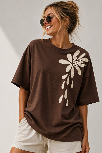 ArtYus Minimal Floral Printed Crew Neck Casual Unisex Oversize T-Shirt - Flor...