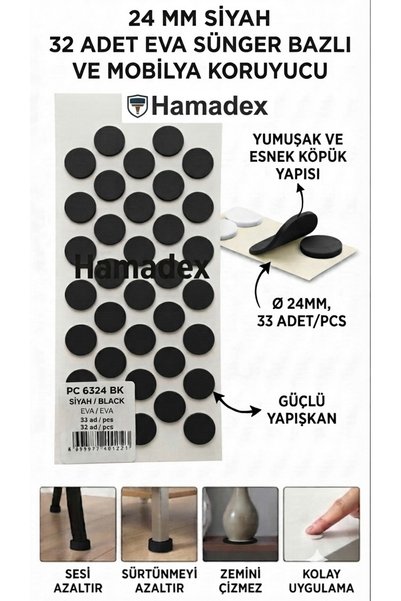 HAMADEX 24 mm Siyah Eva Sünger Mobilya Ayağı Koruyucu - Çizilmez ve Ses Azalt...
