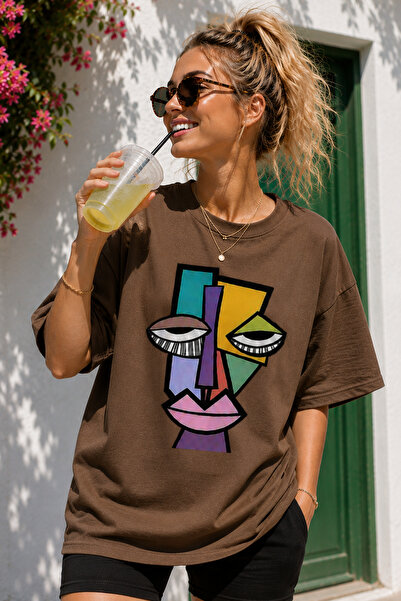 ArtYus Modern Abstract Face Print Crew Neck Casual Unisex Oversize T-Shirt - ...