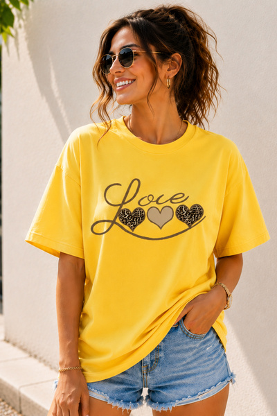 ArtYus Love Text Printed Crew Neck Casual Unisex Oversize T-Shirt - Heart The...