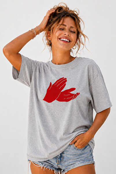 ArtYus Clap Hands Printed Unisex Oversize Beige T-Shirt – Cotton Crew Neck St...
