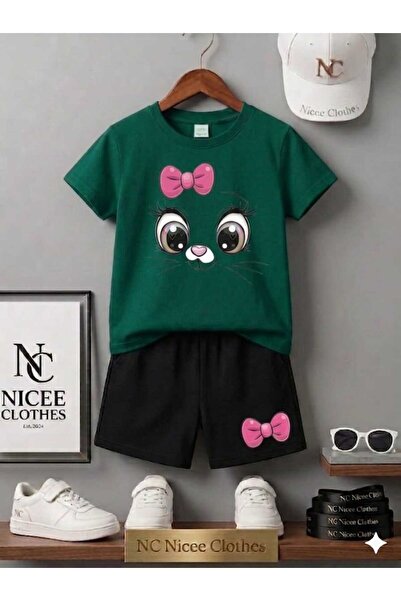 Leto Lykia Summer Children's T-Shirt Shorts Unisex (Pink Ribbon Cat Face Prin...