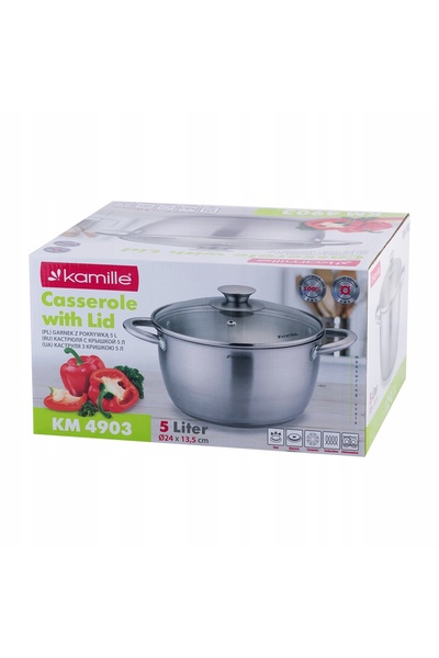 Kamille Oală cu capac tradițională, 5L, din oțel, 24cm, pentru inducție și gaz