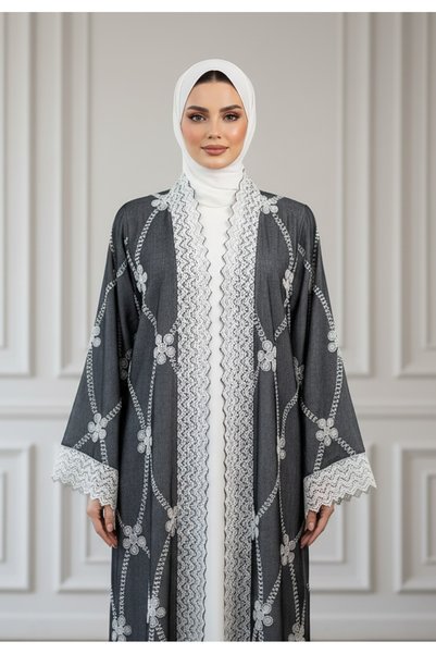 Nukhbaa Lattice Lace Embroidered Abaya | Linen-Blend Fabric