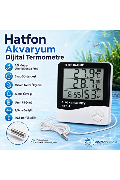 Aqua Expert Dijital Akvaryum Termometresi, 1,5 Metre Problu, Ortam Nem Ölçer,...