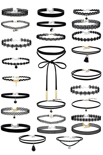 VeeShop Set 26 coliere choker, catifea, dantela, trunghi, picatura, ying yang