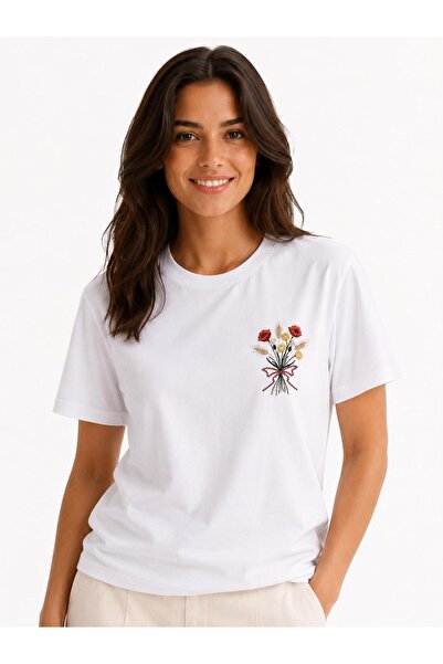 yubistitch Women's Demet Floral Embroidered Lycra Combed Cotton Short Sleeve ...