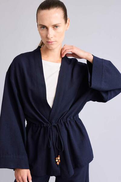 DeFacto Linen Blend Relax Fit V-Neck Long Sleeve Green Kimono F6151Ax26Sm
