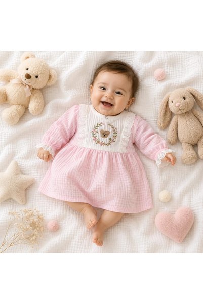 BEBELON Muslin Fabric Laced Baby Dress with Teddy Bear