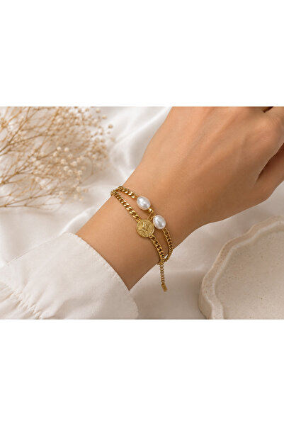 Bymiel Gold Color Pearl Detailed Medallion Figured Double Chain 316L Steel Br...