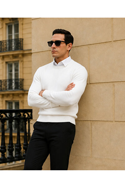 comstar Men's Winter Casual Crew Neck White Sweater