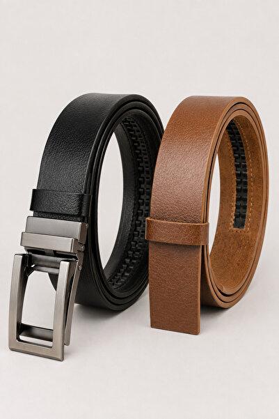 Pino44 Set of 2 Genuine Buffalo Leather Belts with Automatic Buckle and No Ho...